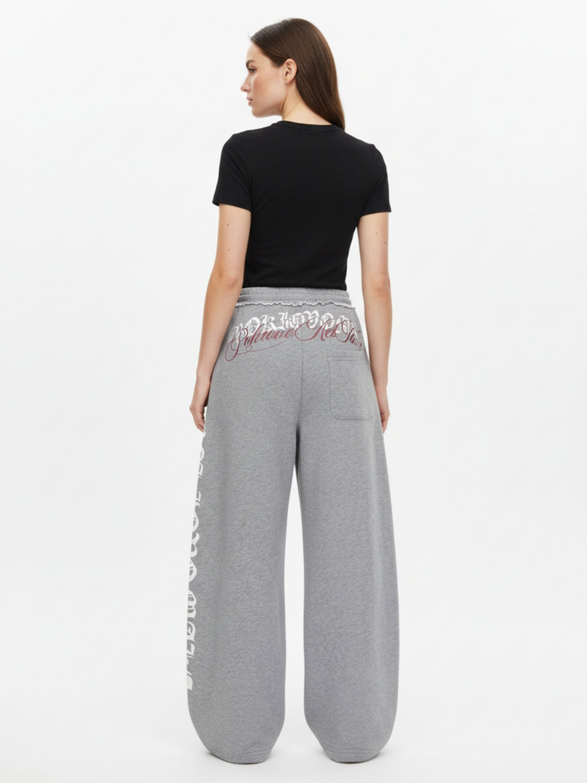 Retro Letter Print Drawstring Straight-Leg Wide Pants
