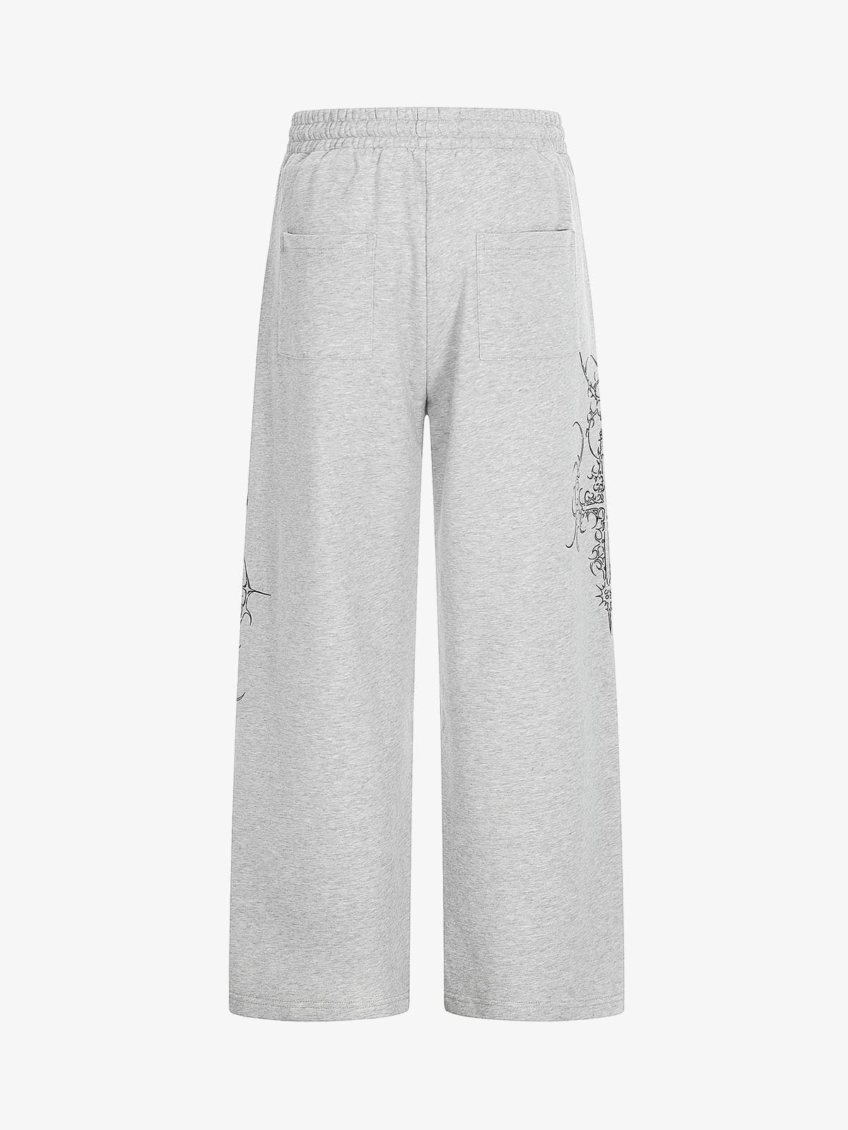 Floral Line Art Studded Wide Leg Drawstring Sweatpants