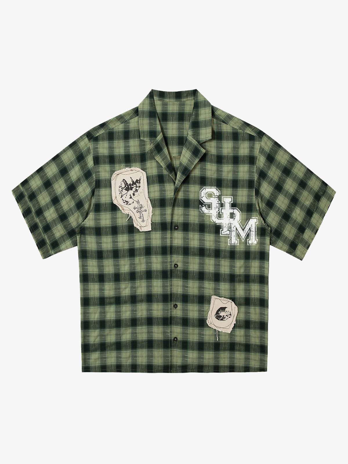 Plaid Applique Printed Short Sleeve Shirt - 2463 