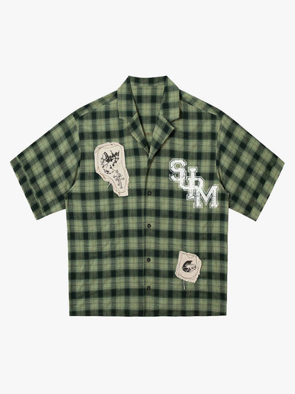 Plaid Applique Printed Short Sleeve Shirt - 2463 