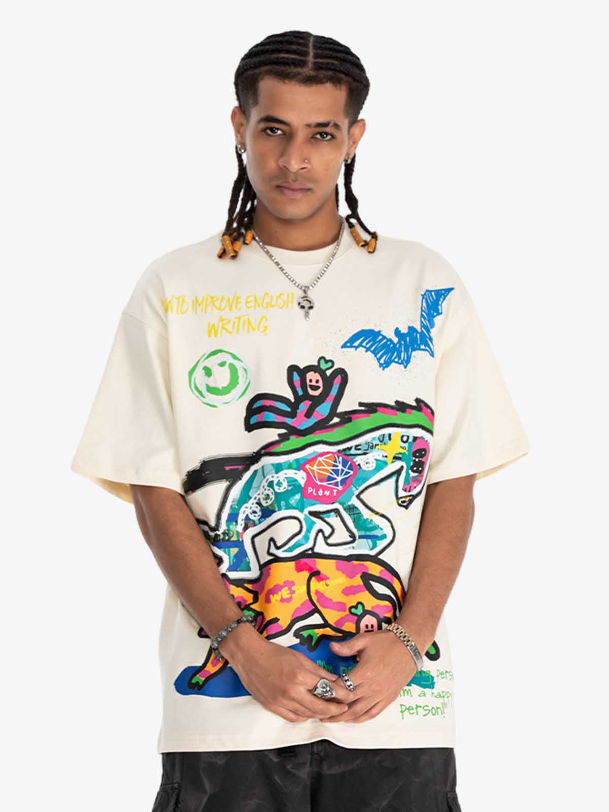 Cotton Graphic Print T-Shirt with Vibrant Street Art Design for Men?