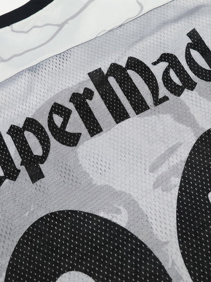 Mesh V-Neck SuperMade Graphic T-Shirt with Star Print and Transparent Overlay 