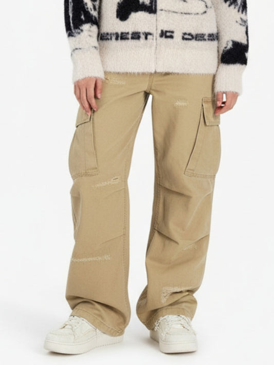 Cotton Hole Patch Pleated Multi-Pocket Cargo Casual Pants