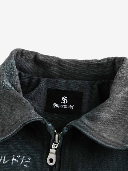 Cotton Blend Art Print Jacket with Japanese Text and Graphic Design for Streetwear Fashion 