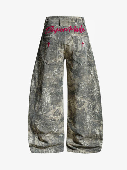 Abstract Camouflage Washed Barrel Jeans