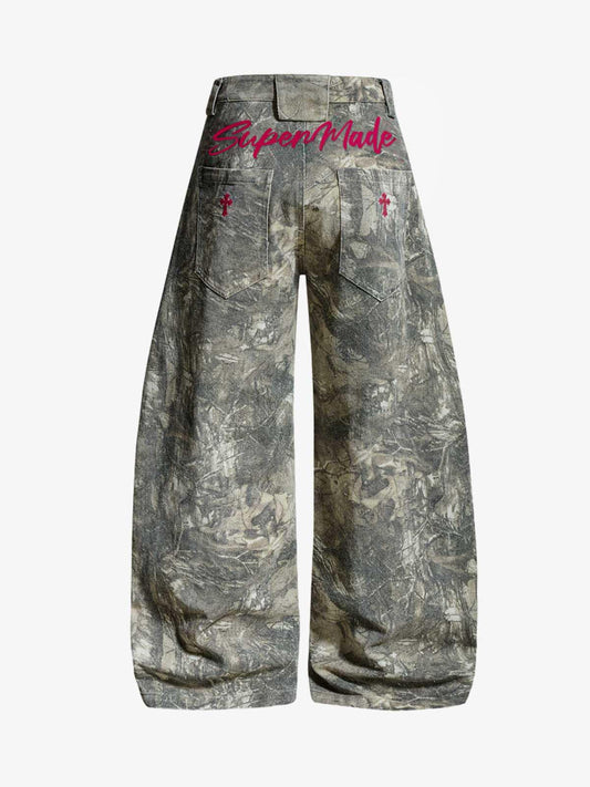 Abstract Camouflage Washed Barrel Jeans