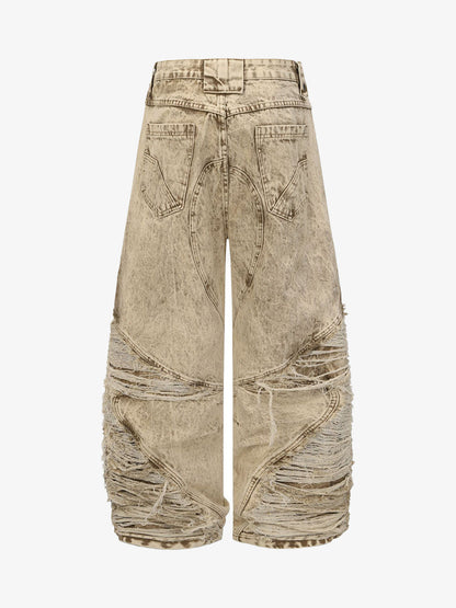 Distressed Denim Cargo Pants with Ripped Details and Patchwork Design for Men Women Fashion Streetwear 
