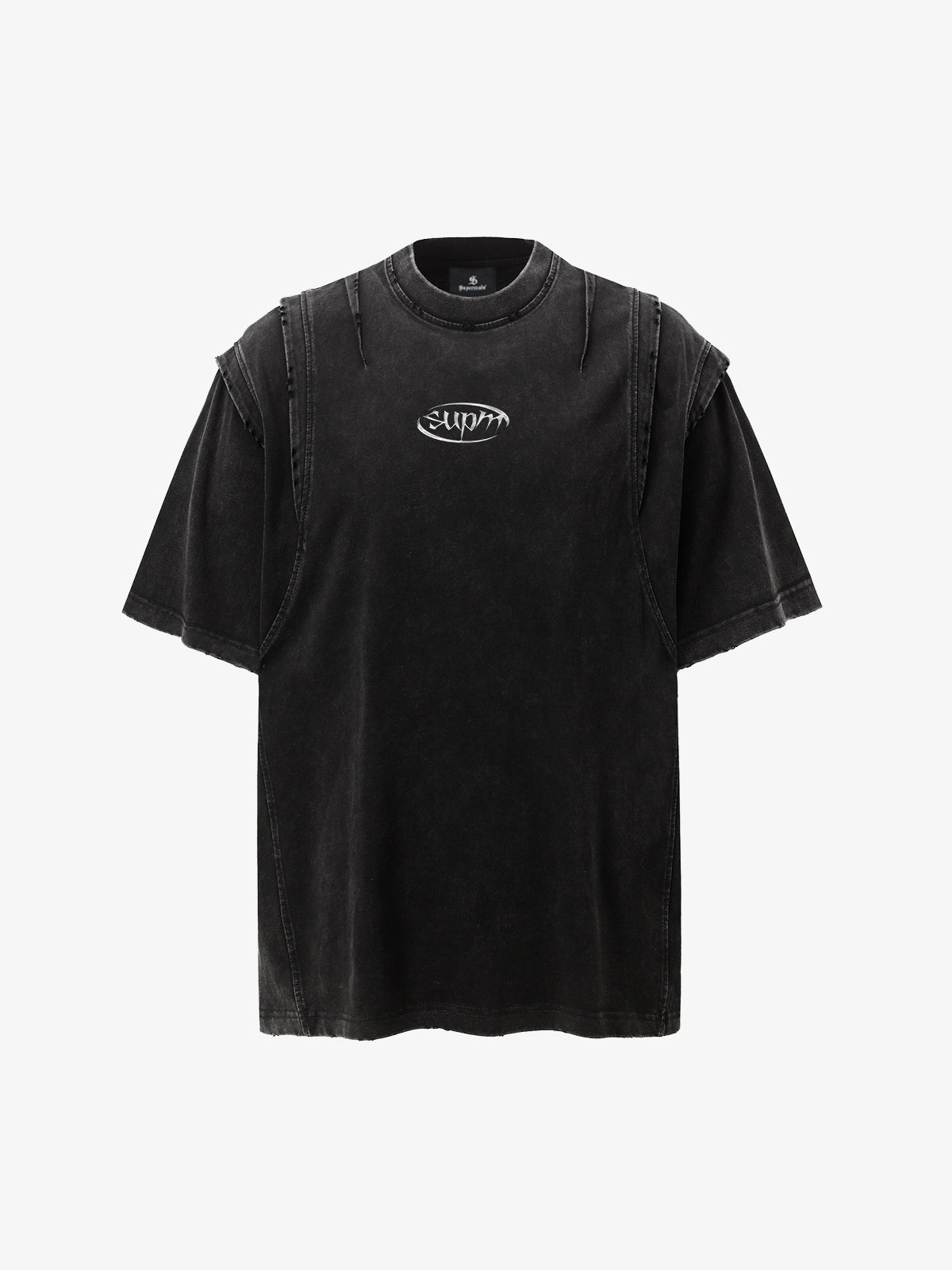 Cotton Blend Oversized T-Shirt with Distressed Denim Panels and Minimalist Logo Design?