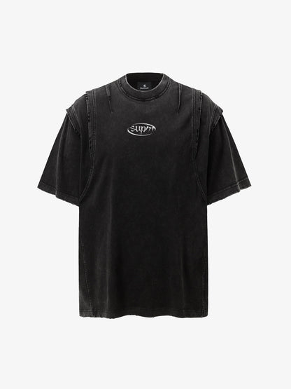Cotton Blend Oversized T-Shirt with Distressed Denim Panels and Minimalist Logo Design?