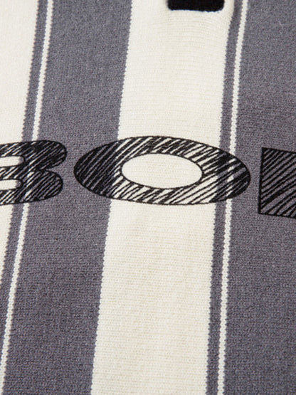 Retro Striped Polo Collar Sports Jersey Knit Sweater 