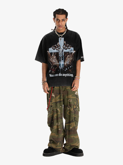 300G Jade Pattern Dyeing Cotton Oversized T-Shirt with Cross Hand Graphic Print?