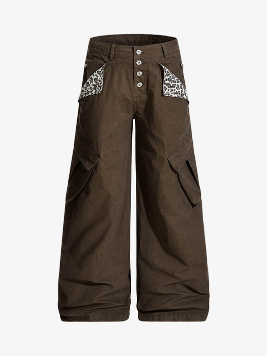 Vintage Patchwork Leopard Pocket Wide Leg Cargo Pants
