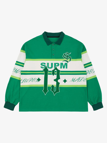 Supermade Color-Blocked Polo Collar Embroidered Print Long-Sleeved Jersey?