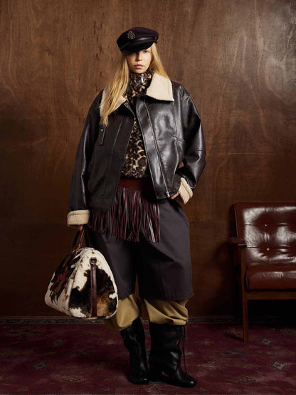 Vintage Shearling Collar Quilted Leather Jacket