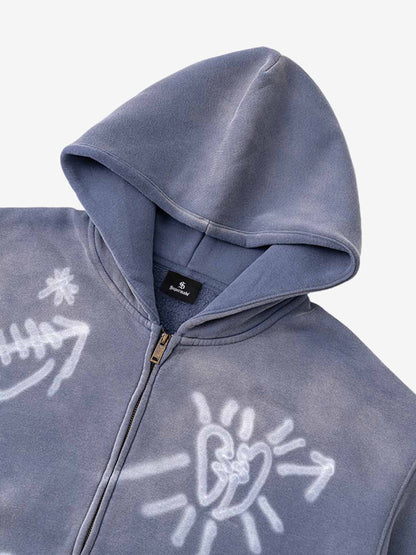 Street Graffiti Spray Print Zip Up Hoodie 