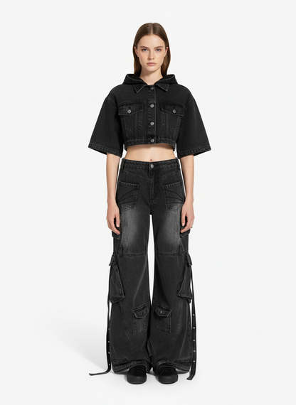 Vintage Washed Distressed Lace-up Cargo Flare Jeans