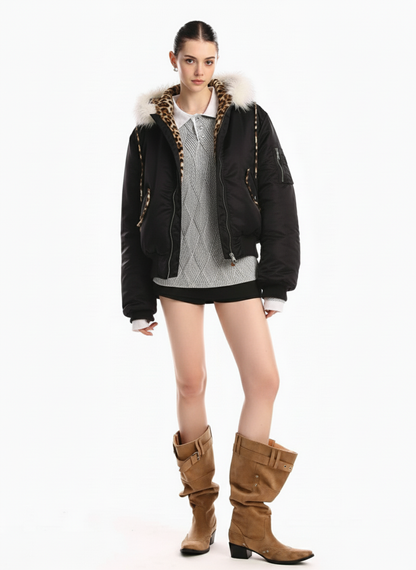 Retro Fur Collar Leopard Lined Bomber Jacket