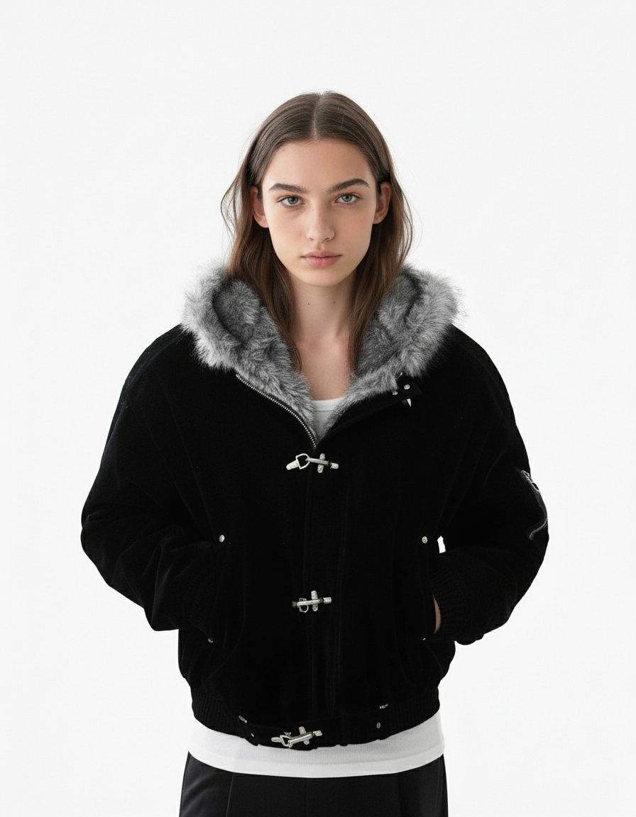 Fur Collar Suede Toggle Closure Padded Bomber Jacket