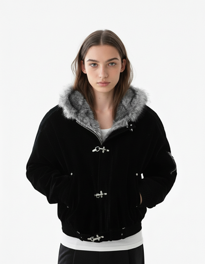 Fur Collar Suede Toggle Closure Padded Bomber Jacket