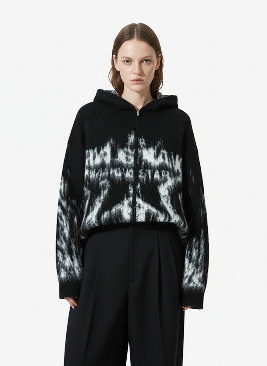 Thesupermade Star Mohair Fuzzy Hooded Zip Up Sweater