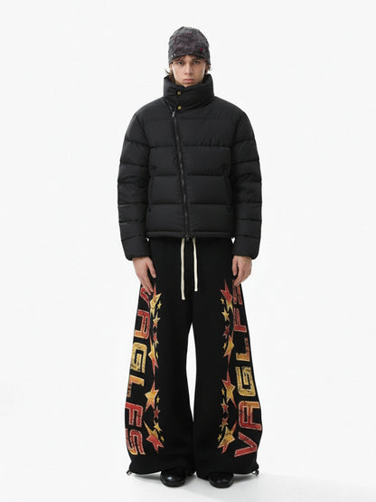 Retro Contrast Letter Star Print Fleece-Lined Sweatpants