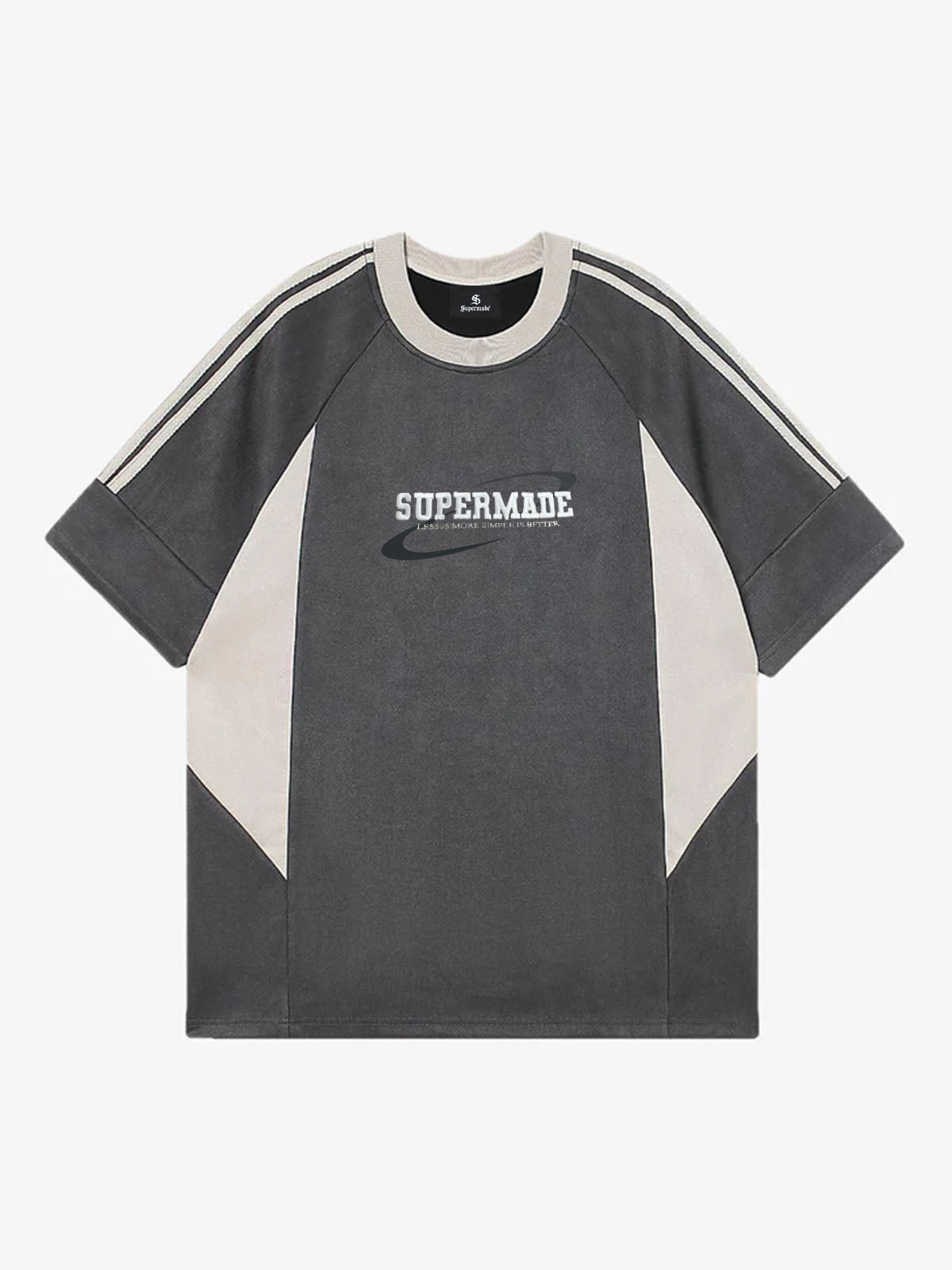 Suede Contrast Color Spliced Letter Embroidery Oversize T-shirt - 2462 