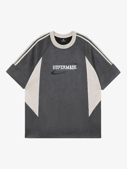Suede Contrast Color Spliced Letter Embroidery Oversize T-shirt - 2462 
