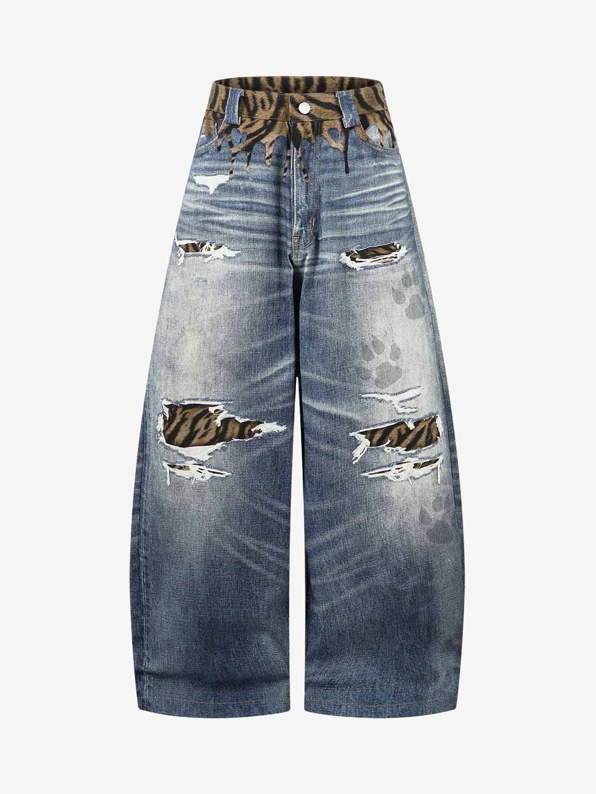 Denim Wide Leg Jeans with Tiger Print Patchwork and Ripped Details?