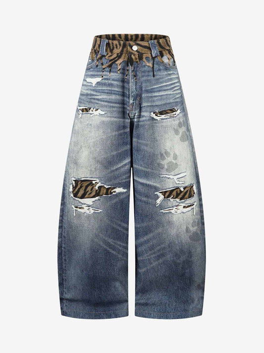 Denim Wide Leg Jeans with Tiger Print Patchwork and Ripped Details?