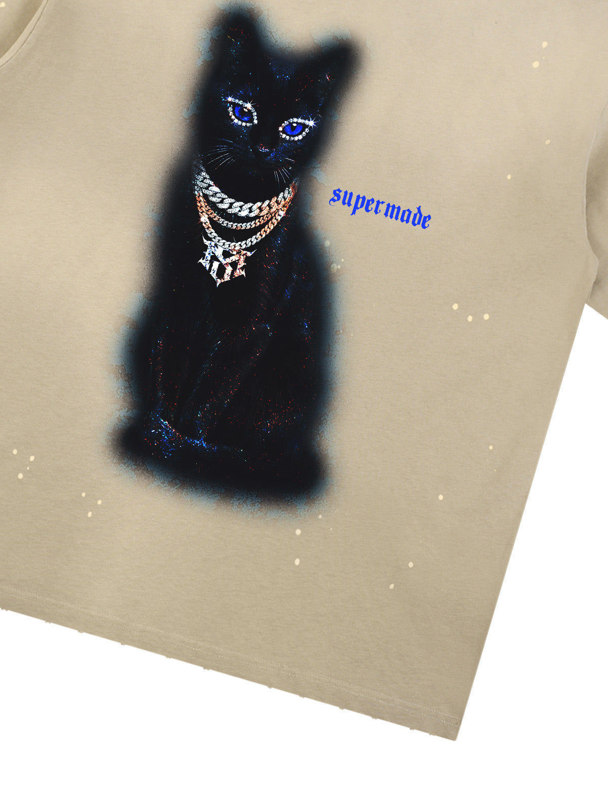 Cotton Black Cat Graphic T-Shirt with Chain Print and Splatter Design?