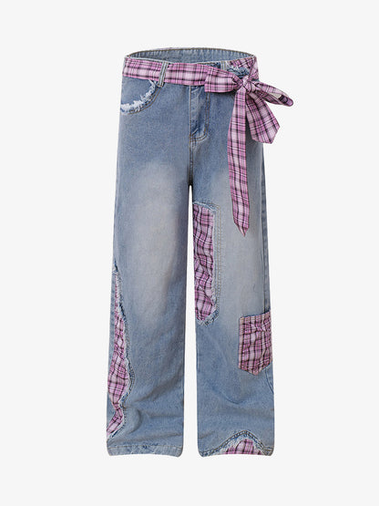 Street Ripped Plaid Bow Jeans 