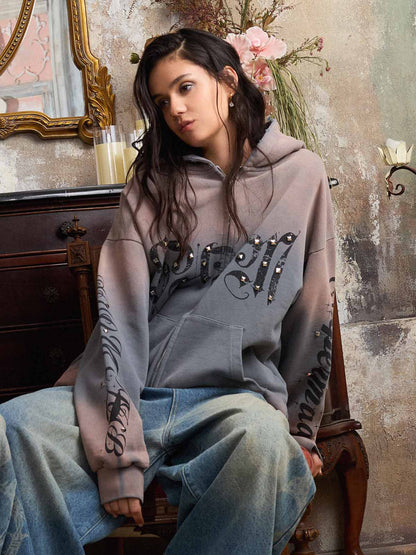 Supermade Vintage Distressed Studded Gothic Font Zipper Sweatshirt?