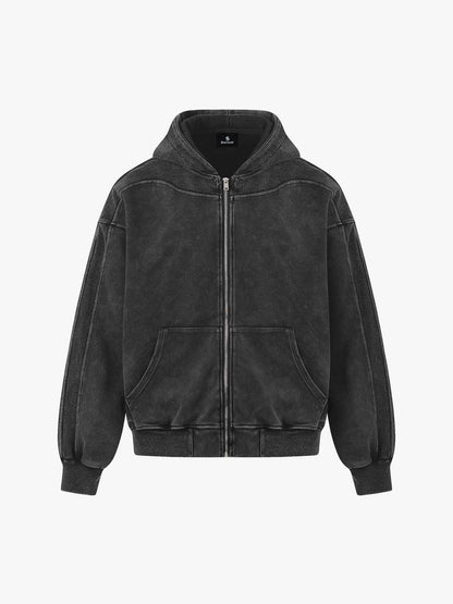 Vintage Washed Panel Construction Zip-Up Hoodie
