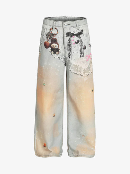 Unique Artistic Denim Trousers with Embellished Details for Women 