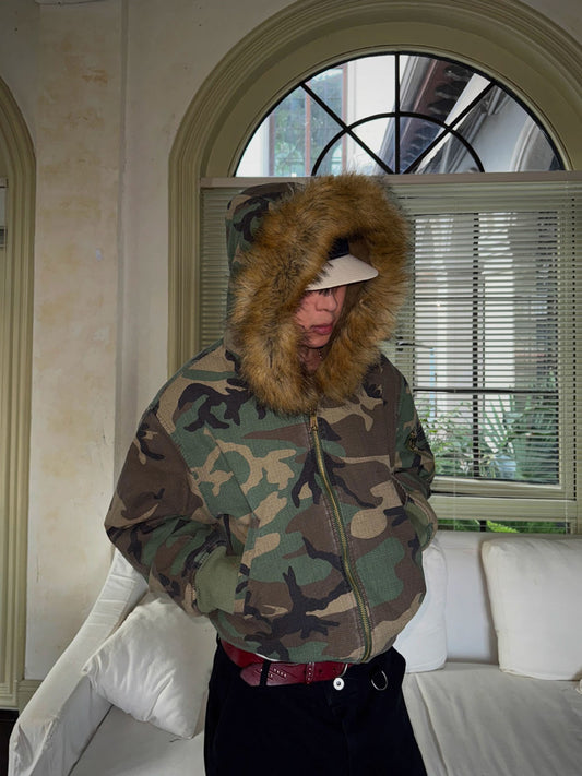Camouflage Bomber Jacket with Faux Fur Hood for Winter and Fall 