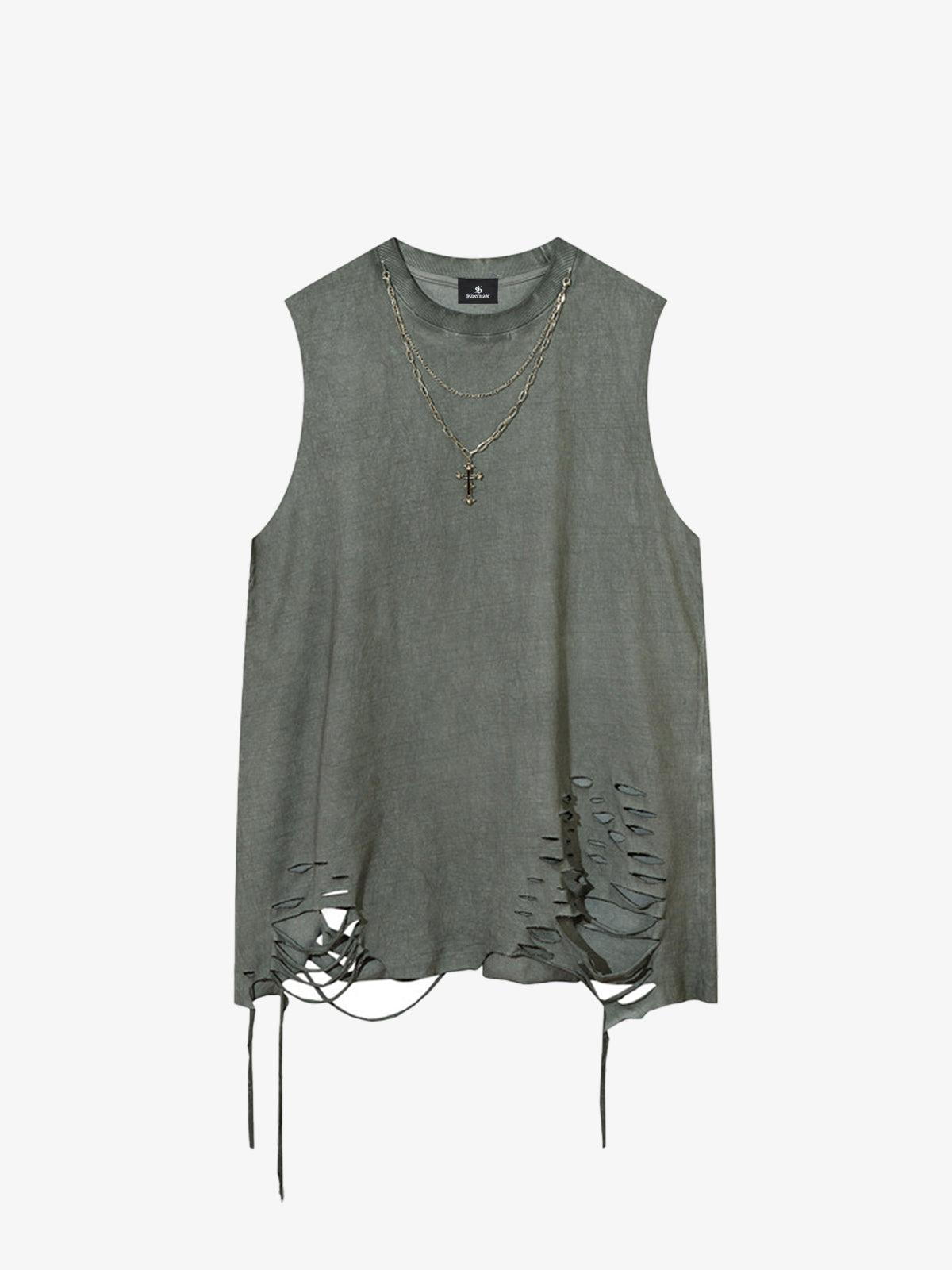 Cotton Ripped Sleeveless Tank Top with Frayed Hem and Cut-Out Details for Edgy Streetwear Style 