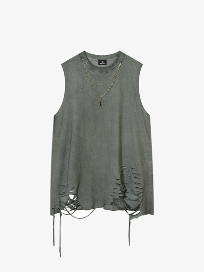 Cotton Ripped Sleeveless Tank Top with Frayed Hem and Cut-Out Details for Edgy Streetwear Style 
