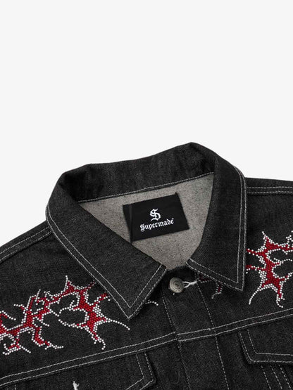 Black Denim Jacket with Red Embroidered Design for Men 