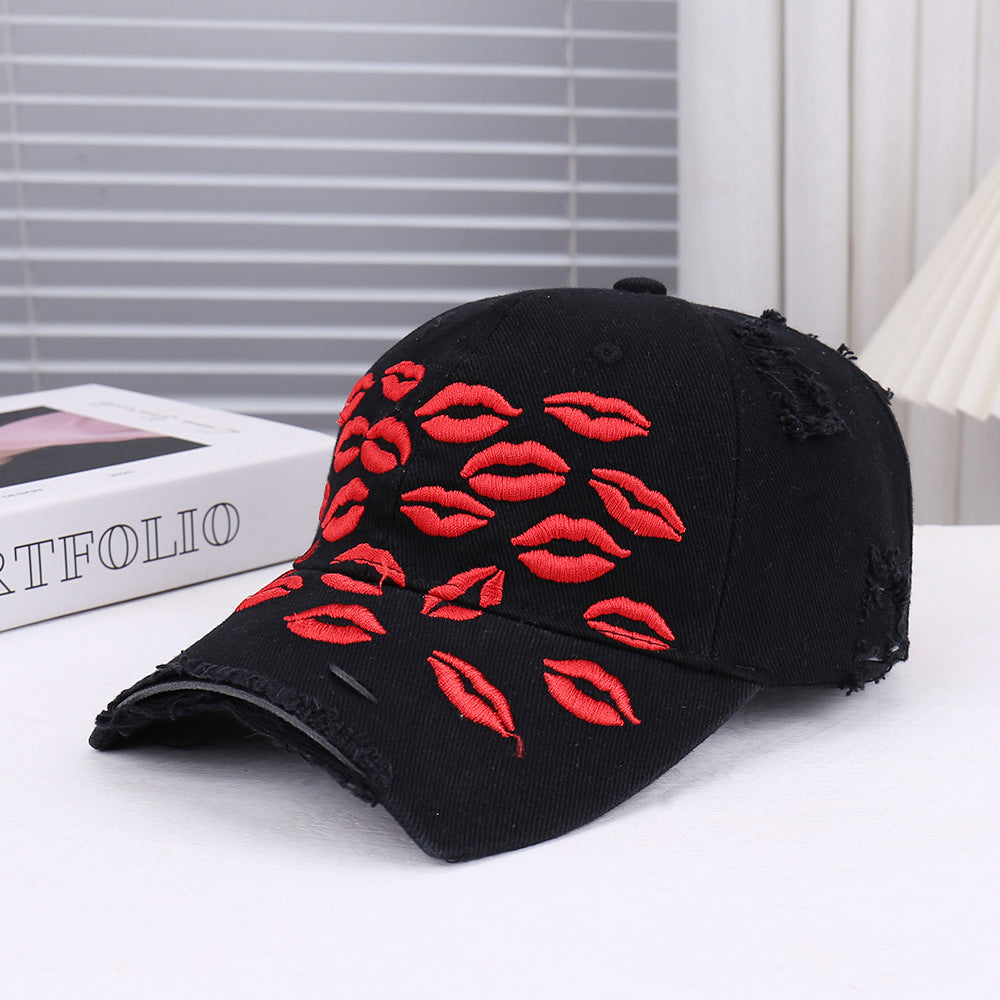 Cotton Distressed Baseball Cap with Red Lip Embroidery - Vintage Style Women's Hat?