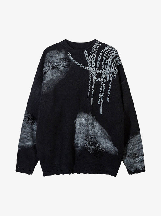 Chain Jacquard Spray-Painted Hole Round Neck Sweater 