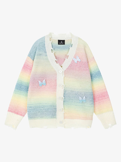Vintage Gradient Butterfly Distressed Cardigan Sweater 