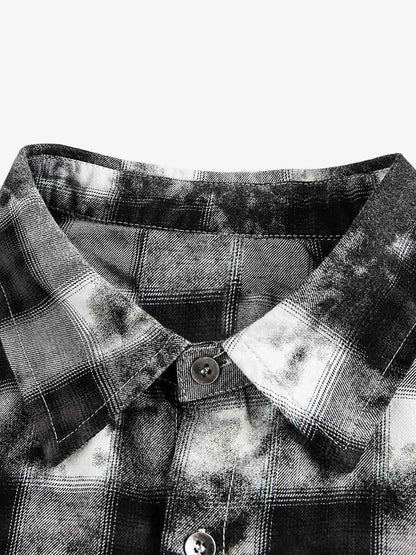Street Lapel Tie-Dye Plaid Long Sleeve Shirt 