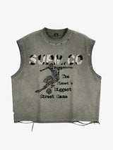 Distressed streetwear style loose sleeveless vest, decorated with a soccer print pattern and distressed and washed details, with metal eyelet details. 