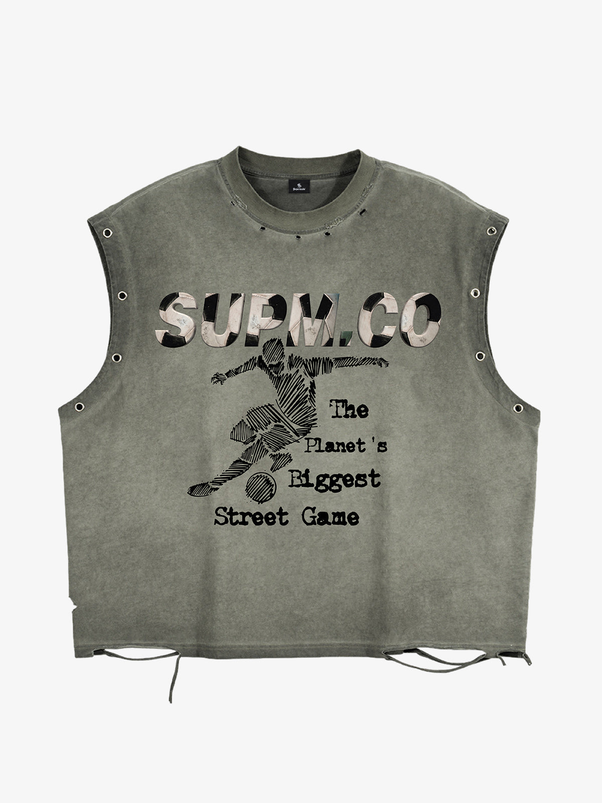 Distressed streetwear style loose sleeveless vest, decorated with a soccer print pattern and distressed and washed details, with metal eyelet details. 