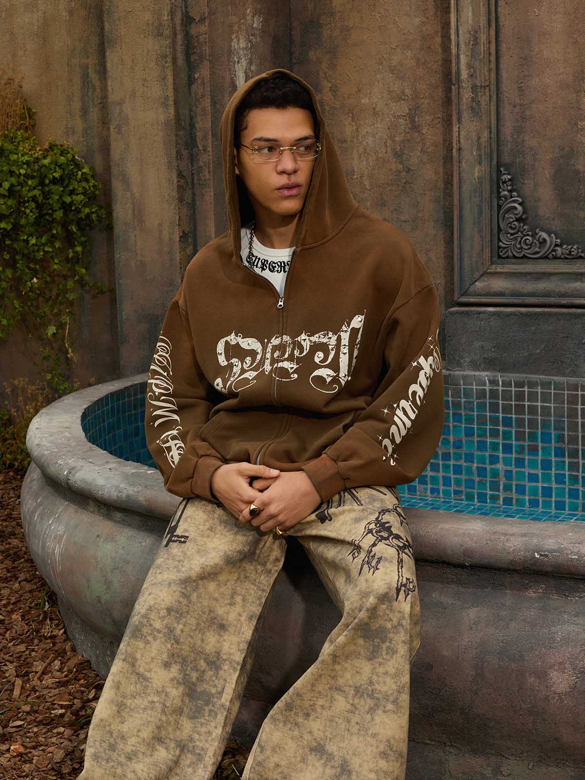 Supermade Vintage Distressed Studded Gothic Font Zipper Sweatshirt?