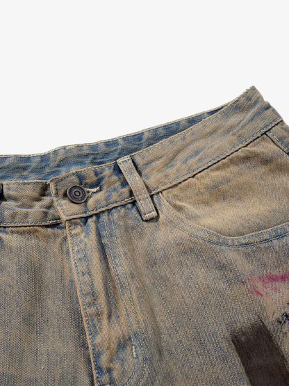 Retro Washed Brushstroke Wide-Leg Jeans 
