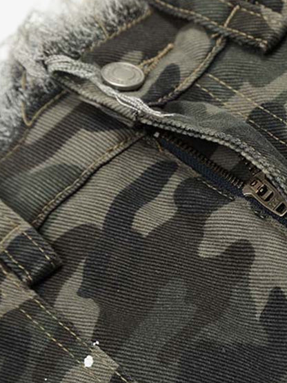 Denim Camouflage Cargo Shorts with Ripped Details and Patch Pockets?