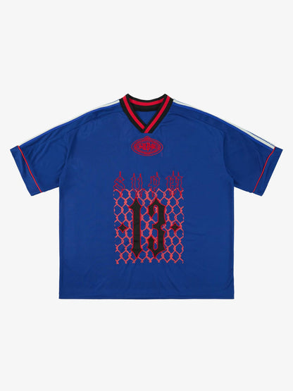 Supermade Color-Blocked V-Neck Embroidered Jersey Short-Sleeved?