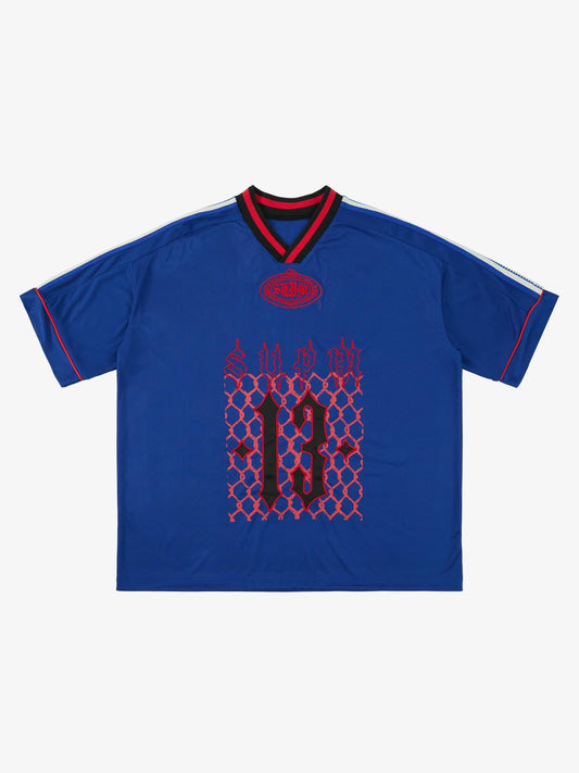 Supermade Color-Blocked V-Neck Embroidered Jersey Short-Sleeved?