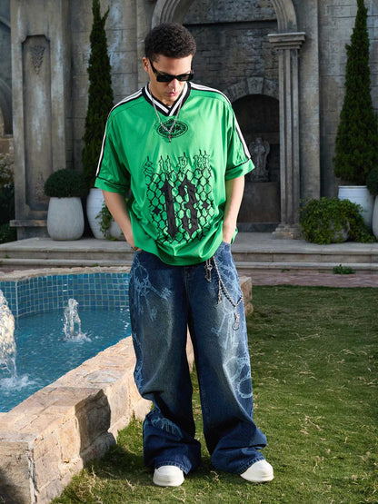 Supermade Color-Blocked V-Neck Embroidered Jersey Short-Sleeved?